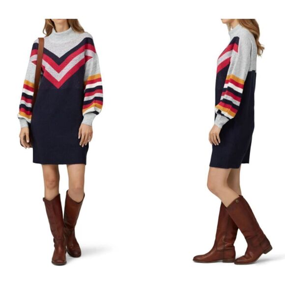 MINKPINK Stripe Me Up Sweater Dress Mini Puff Sleeve Navy Gray Pink Oversized XS - Picture 1 of 10